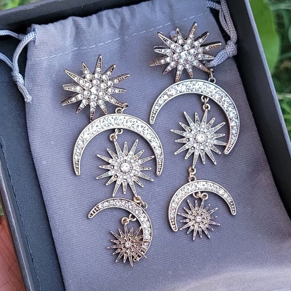 NIB stunning statement HUGE boho sun + moon + stars gold sparkle dangle earrings